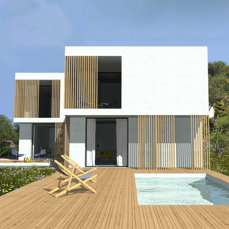 Image projet Rénovation R1 - architecture blanche cubique et bois avec piscine